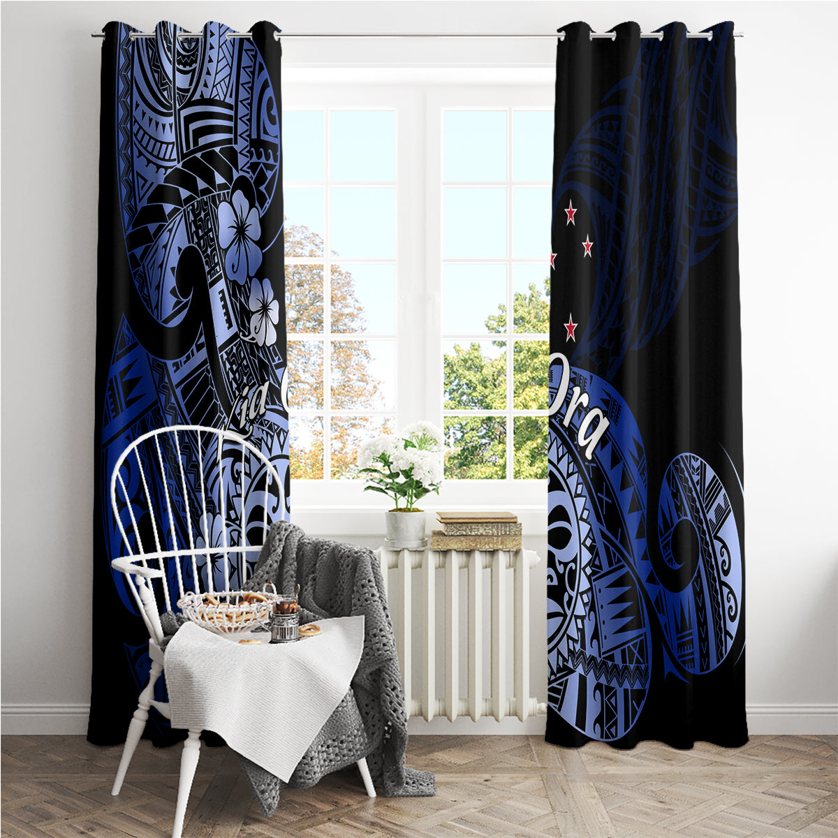 Aotearoa Kia Ora New Zealand Ta Moko Blue Version Window Curtain LT01 - Polynesian Pride