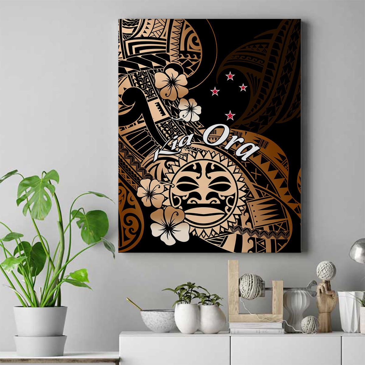 Aotearoa Kia Ora New Zealand Ta Moko Gold Version Canvas Wall Art LT01 Gold - Polynesian Pride