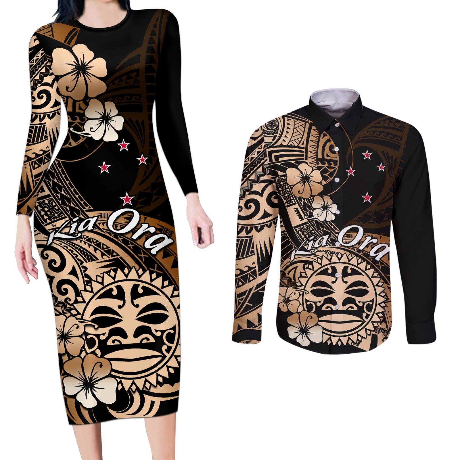 Aotearoa Kia Ora New Zealand Ta Moko Gold Version Couples Matching Long Sleeve Bodycon Dress and Long Sleeve Button Shirt LT01 Gold - Polynesian Pride