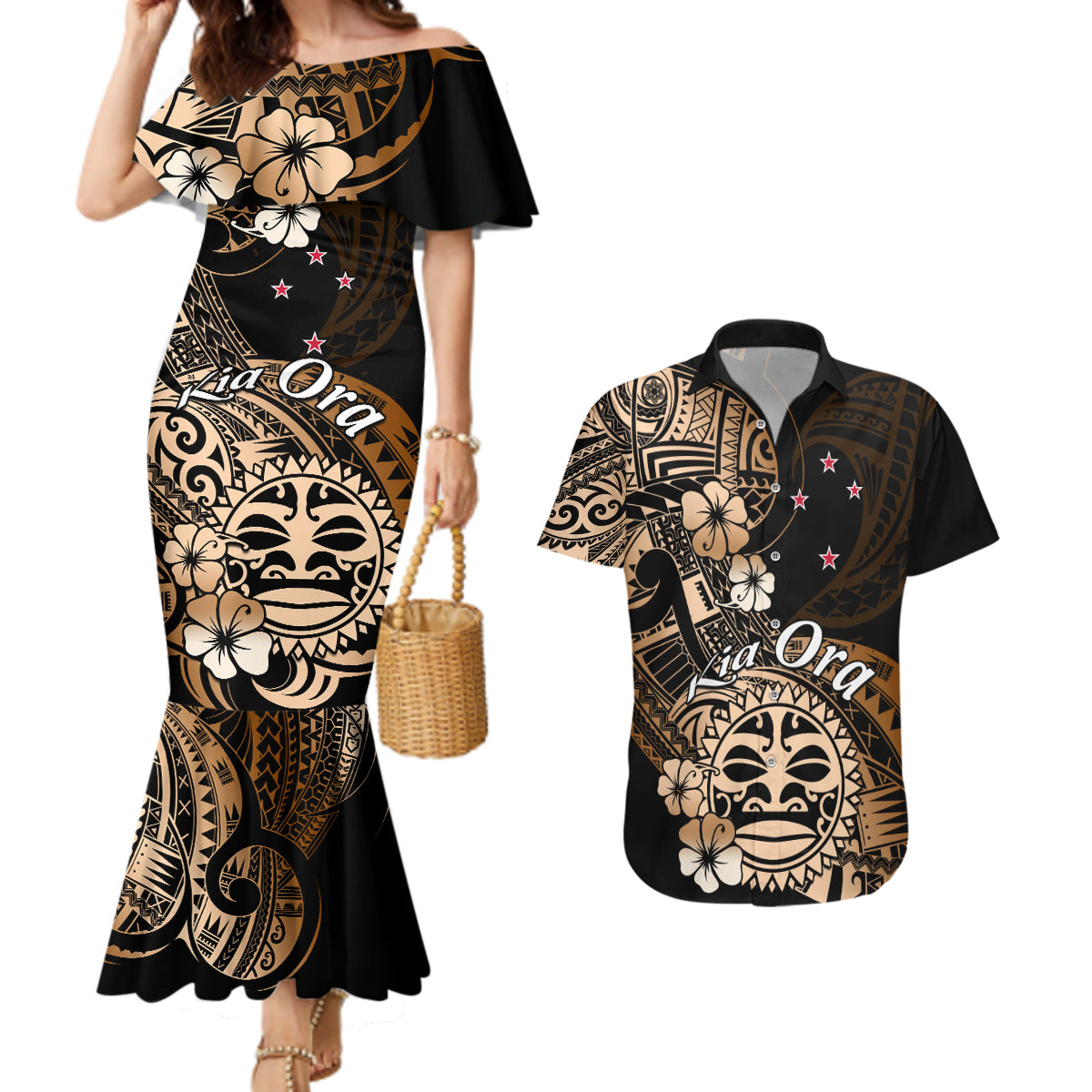 Aotearoa Kia Ora New Zealand Ta Moko Gold Version Couples Matching Mermaid Dress and Hawaiian Shirt LT01 Gold - Polynesian Pride