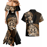 Aotearoa Kia Ora New Zealand Ta Moko Gold Version Couples Matching Mermaid Dress and Hawaiian Shirt LT01 - Polynesian Pride