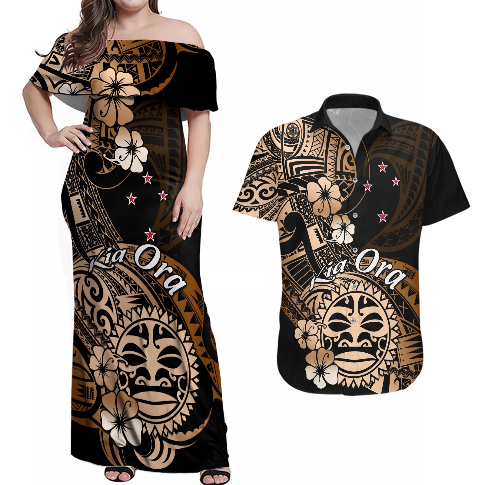 Aotearoa Kia Ora New Zealand Ta Moko Gold Version Couples Matching Off Shoulder Maxi Dress and Hawaiian Shirt LT01 Gold - Polynesian Pride