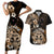 Aotearoa Kia Ora New Zealand Ta Moko Gold Version Couples Matching Short Sleeve Bodycon Dress and Hawaiian Shirt LT01 Gold - Polynesian Pride