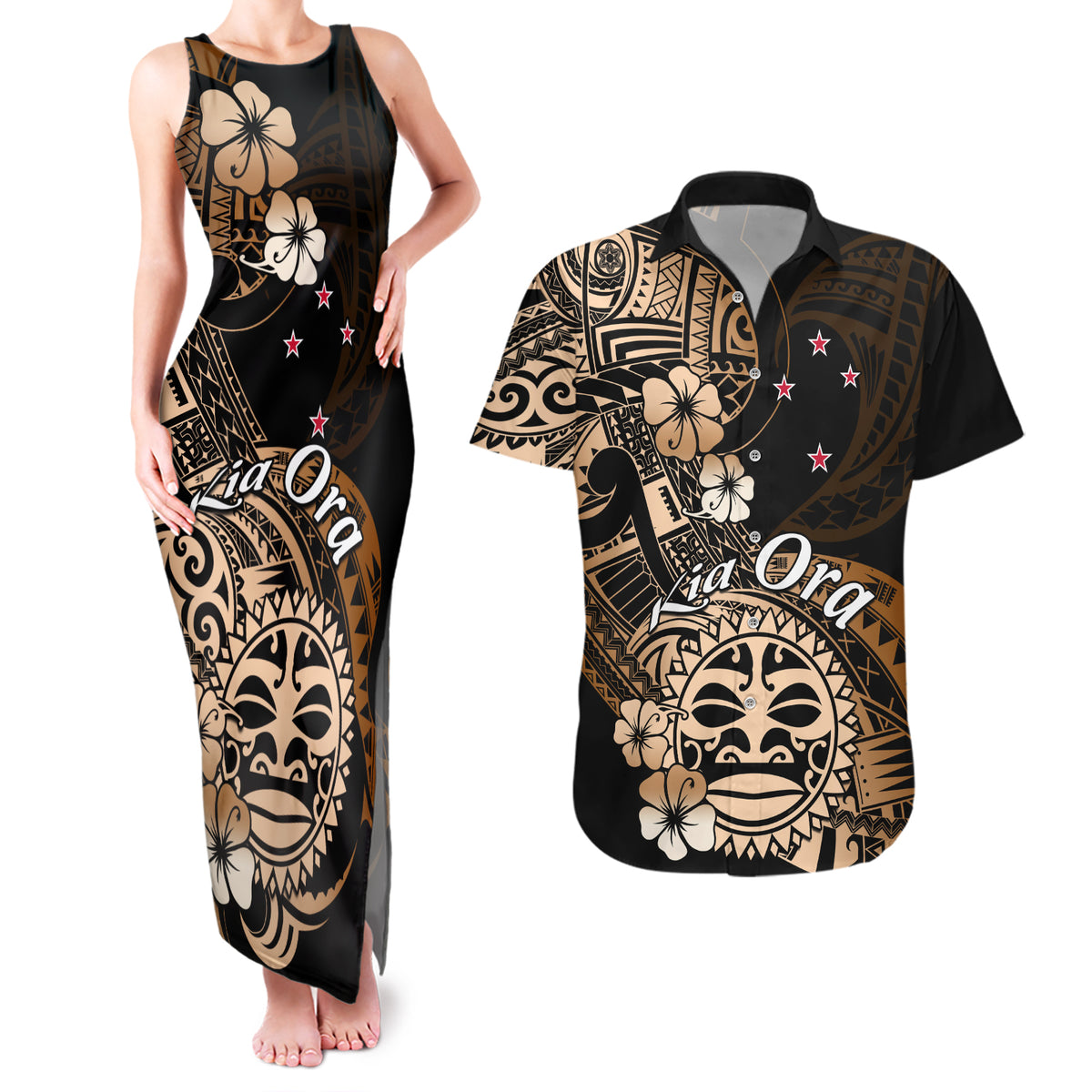 Aotearoa Kia Ora New Zealand Ta Moko Gold Version Couples Matching Tank Maxi Dress and Hawaiian Shirt LT01 Gold - Polynesian Pride