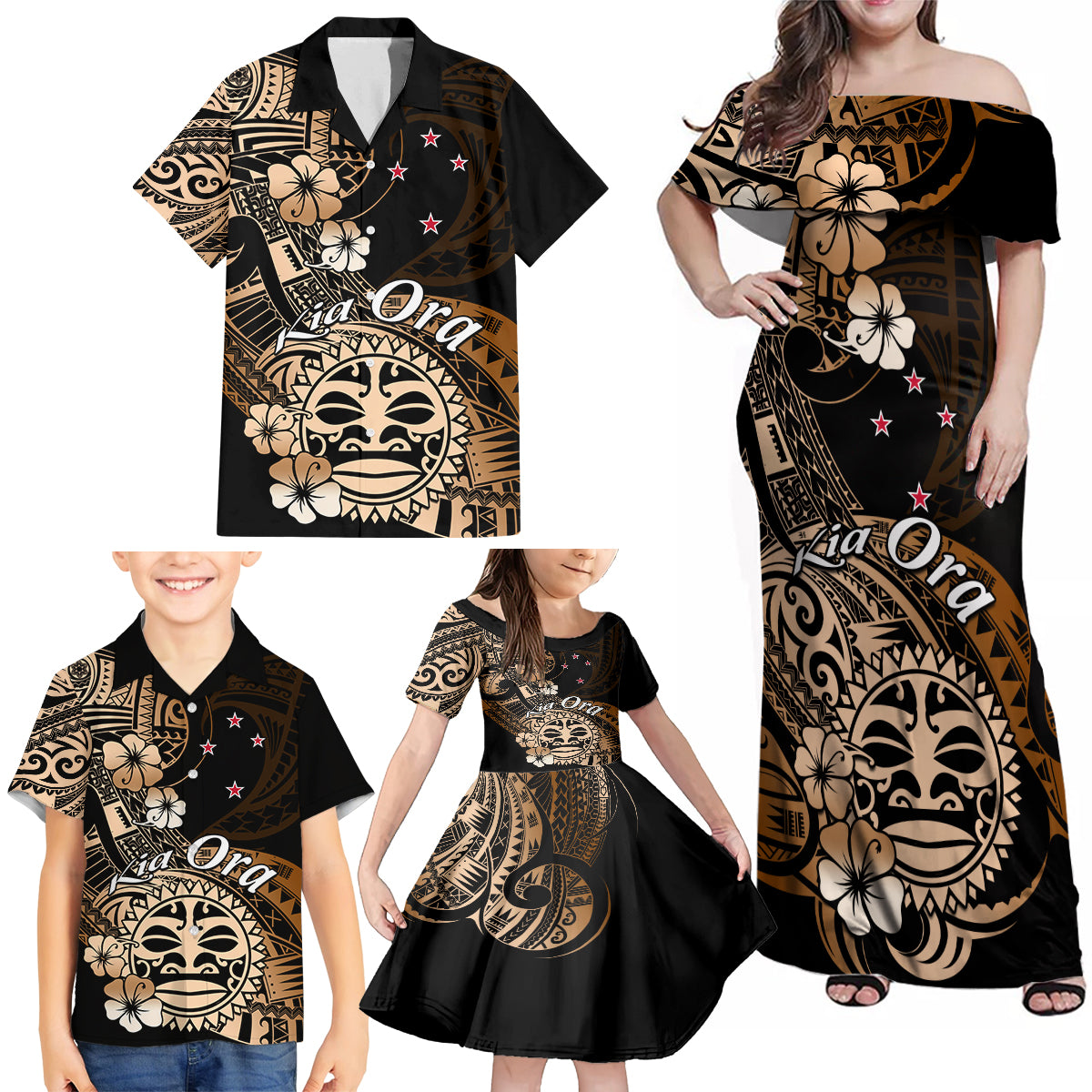 Aotearoa Kia Ora New Zealand Ta Moko Gold Version Family Matching Off Shoulder Maxi Dress and Hawaiian Shirt LT01 - Polynesian Pride