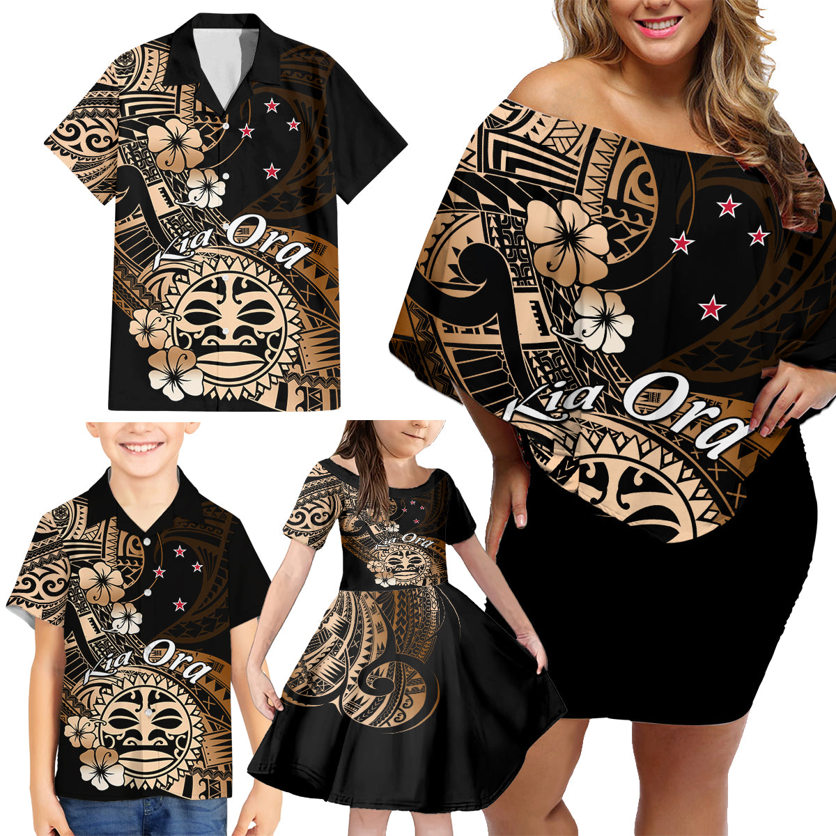 Aotearoa Kia Ora New Zealand Ta Moko Gold Version Family Matching Off Shoulder Short Dress and Hawaiian Shirt LT01 - Polynesian Pride