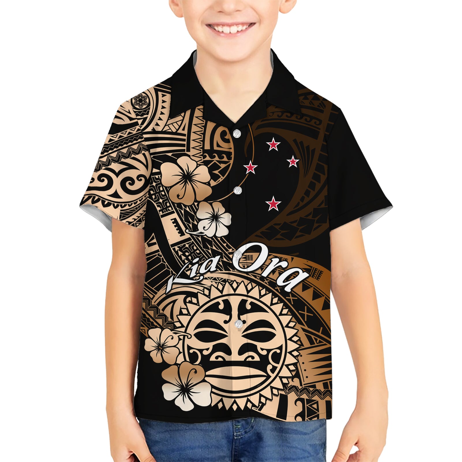 Aotearoa Kia Ora New Zealand Ta Moko Gold Version Kid Hawaiian Shirt LT01 Kid Gold - Polynesian Pride