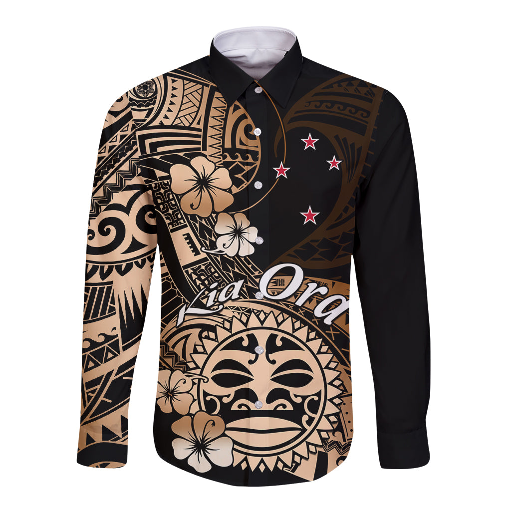 Aotearoa Kia Ora New Zealand Ta Moko Gold Version Long Sleeve Button Shirt LT01 Unisex Gold - Polynesian Pride