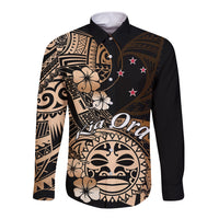Aotearoa Kia Ora New Zealand Ta Moko Gold Version Long Sleeve Button Shirt LT01 Unisex Gold - Polynesian Pride