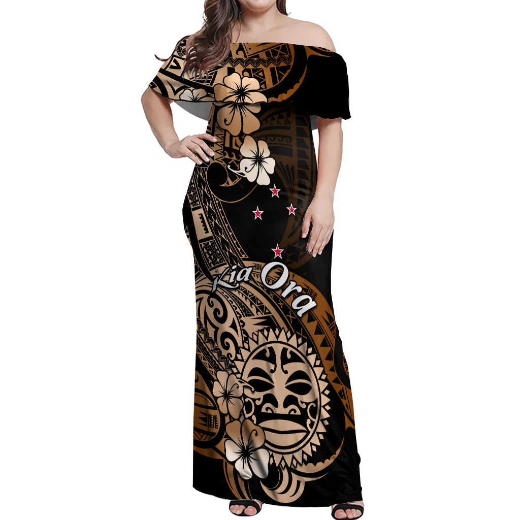 Aotearoa Kia Ora New Zealand Ta Moko Gold Version Off Shoulder Maxi Dress LT01 Women Gold - Polynesian Pride