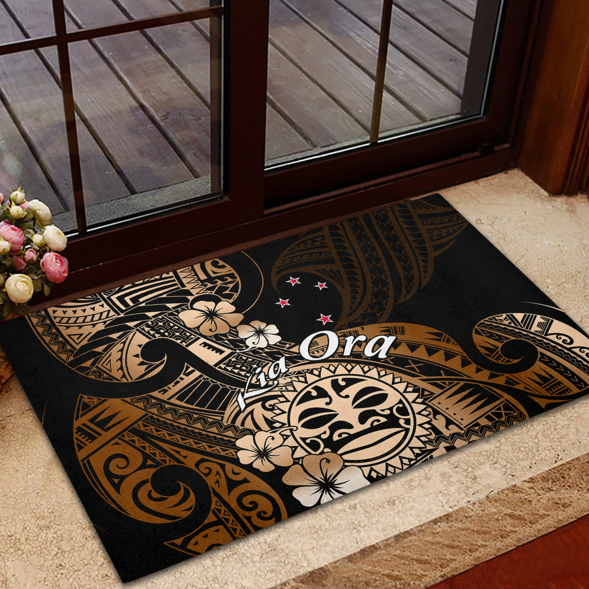 Aotearoa Kia Ora New Zealand Ta Moko Gold Version Rubber Doormat LT01 - Polynesian Pride