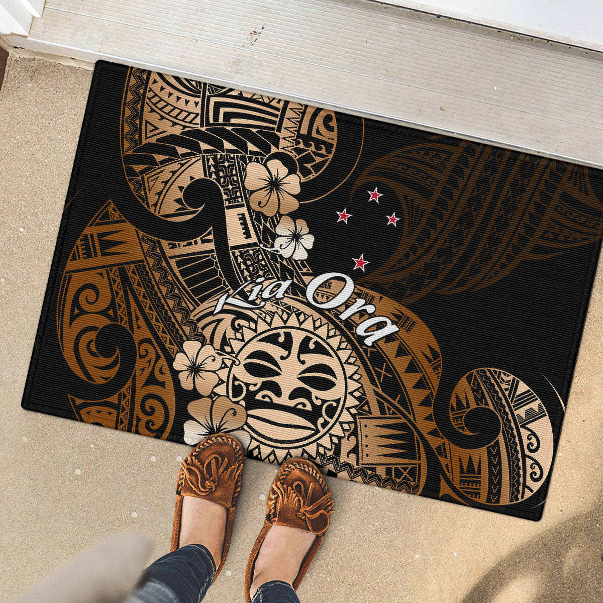 Aotearoa Kia Ora New Zealand Ta Moko Gold Version Rubber Doormat LT01 - Polynesian Pride
