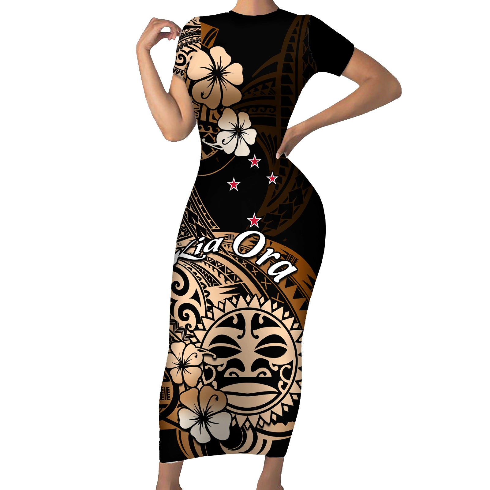 Aotearoa Kia Ora New Zealand Ta Moko Gold Version Short Sleeve Bodycon Dress LT01 Long Dress Gold - Polynesian Pride