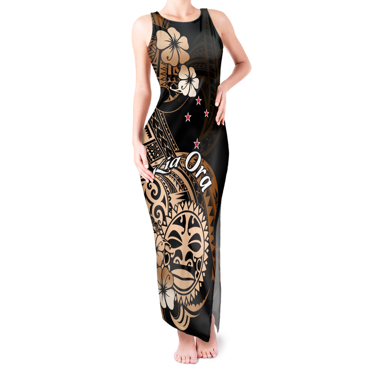 Aotearoa Kia Ora New Zealand Ta Moko Gold Version Tank Maxi Dress LT01 Women Gold - Polynesian Pride