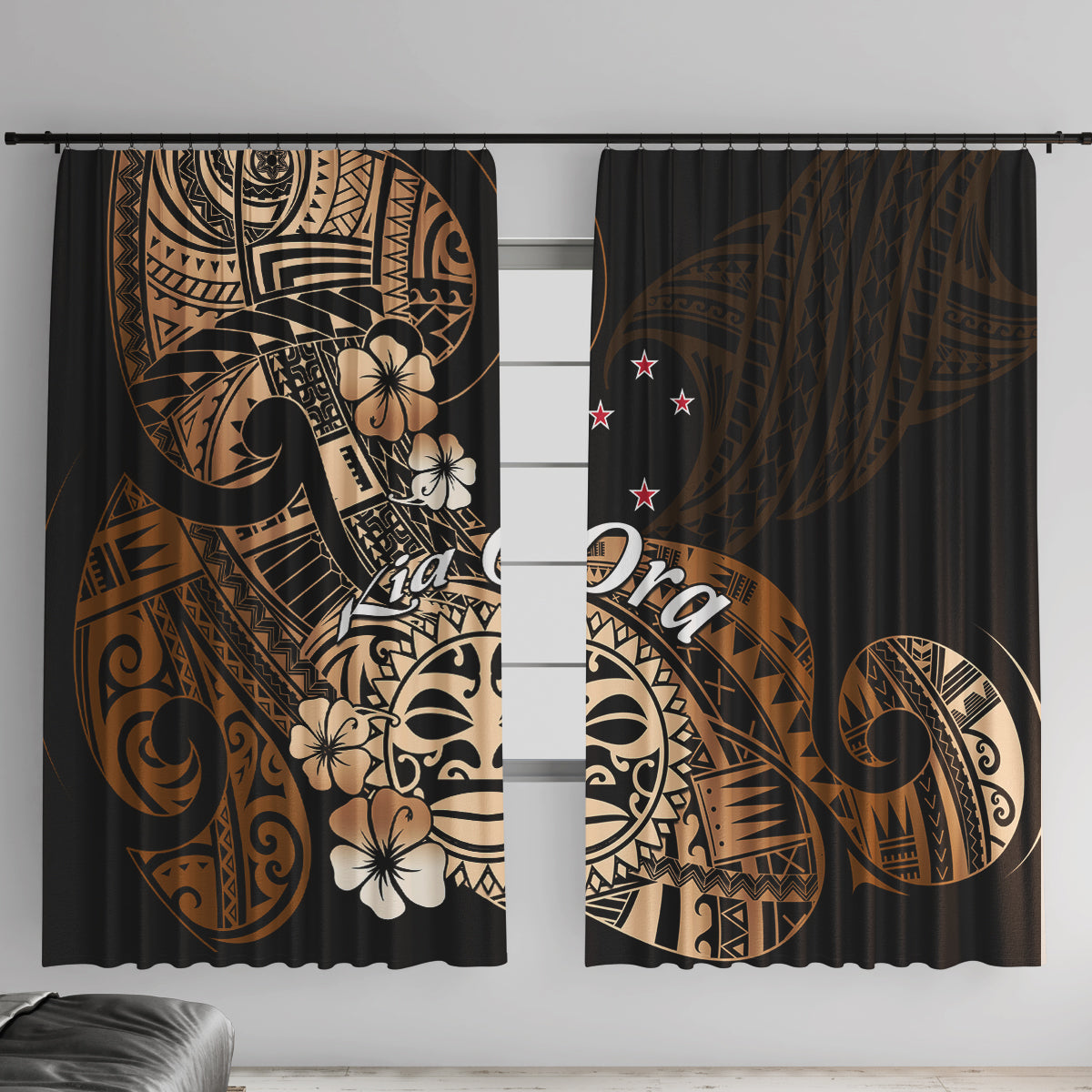 Aotearoa Kia Ora New Zealand Ta Moko Gold Version Window Curtain LT01 With Hooks Gold - Polynesian Pride