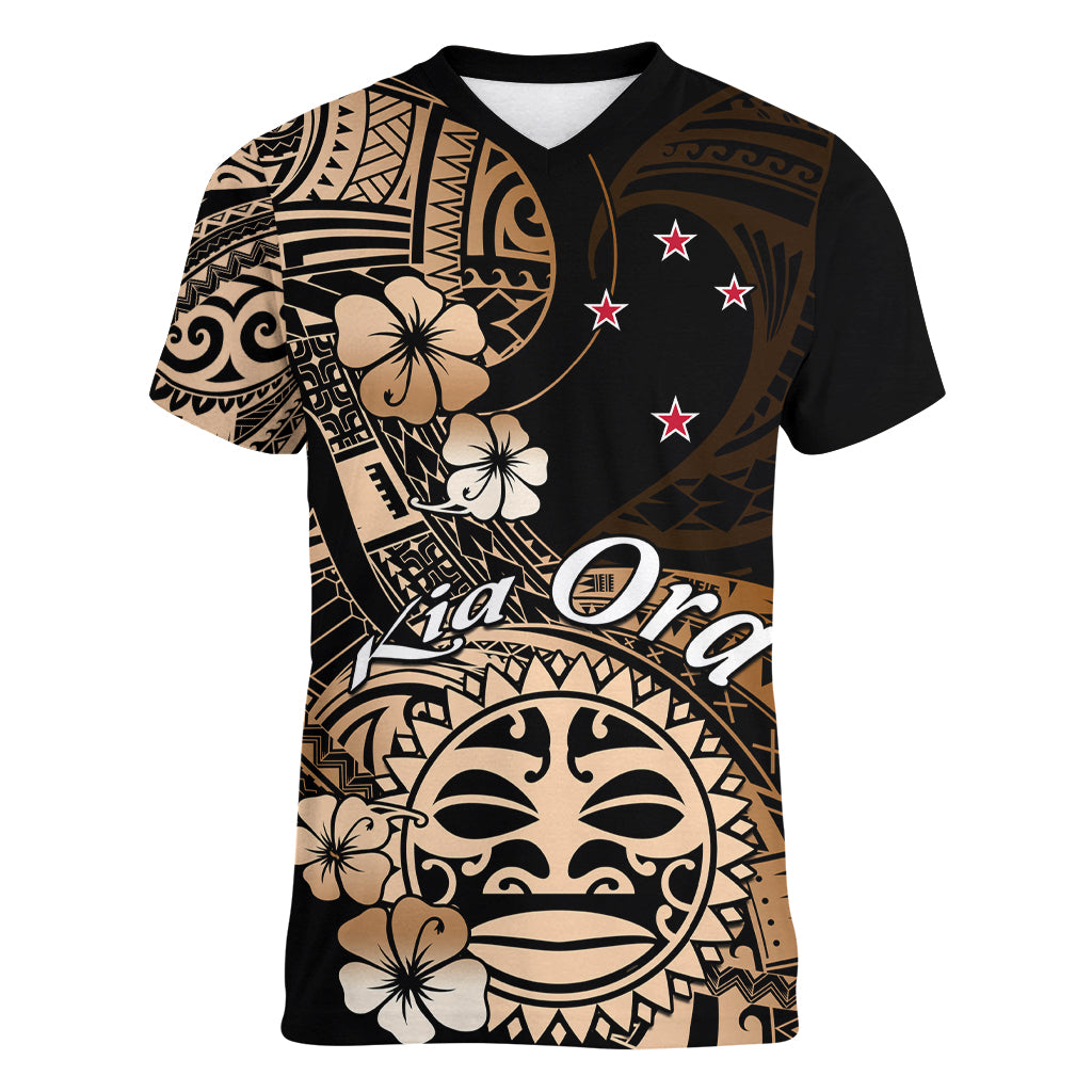 Aotearoa Kia Ora New Zealand Ta Moko Gold Version Women V Neck T Shirt LT01 Female Gold - Polynesian Pride