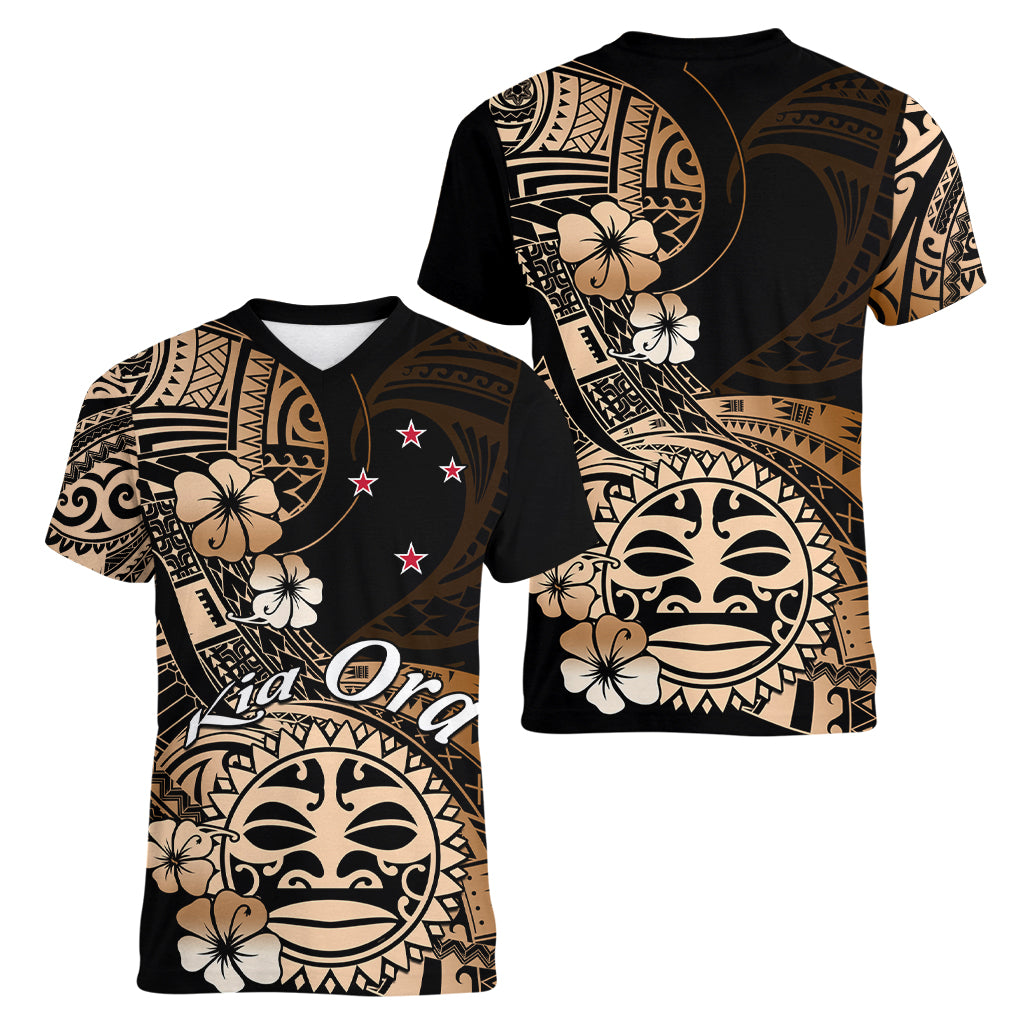 Aotearoa Kia Ora New Zealand Ta Moko Gold Version Women V Neck T Shirt LT01 - Polynesian Pride