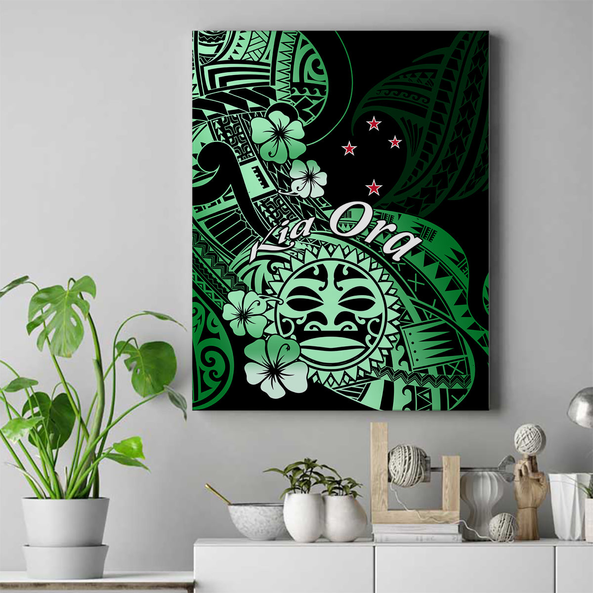 Aotearoa Kia Ora New Zealand Ta Moko Green Version Canvas Wall Art LT01 Green - Polynesian Pride