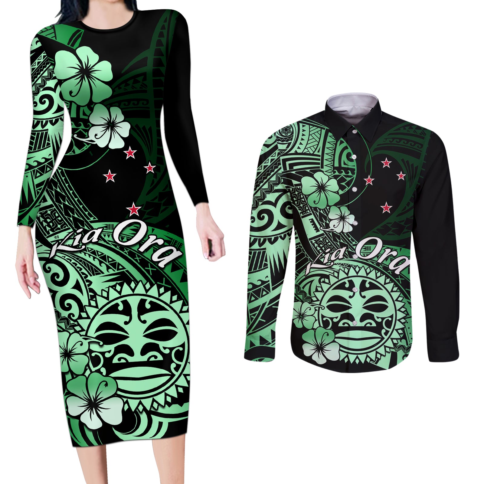 Aotearoa Kia Ora New Zealand Ta Moko Green Version Couples Matching Long Sleeve Bodycon Dress and Long Sleeve Button Shirt LT01 Green - Polynesian Pride