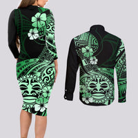 Aotearoa Kia Ora New Zealand Ta Moko Green Version Couples Matching Long Sleeve Bodycon Dress and Long Sleeve Button Shirt LT01 - Polynesian Pride