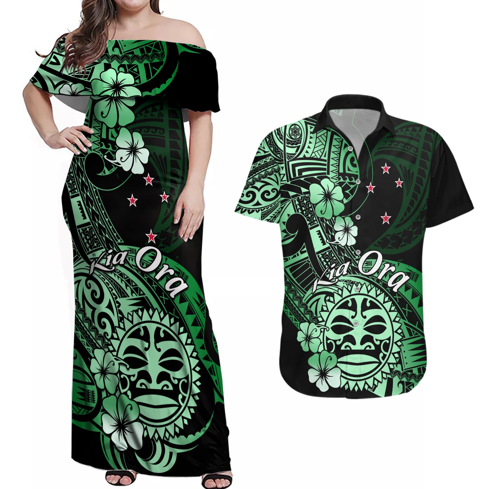 Aotearoa Kia Ora New Zealand Ta Moko Green Version Couples Matching Off Shoulder Maxi Dress and Hawaiian Shirt LT01 Green - Polynesian Pride