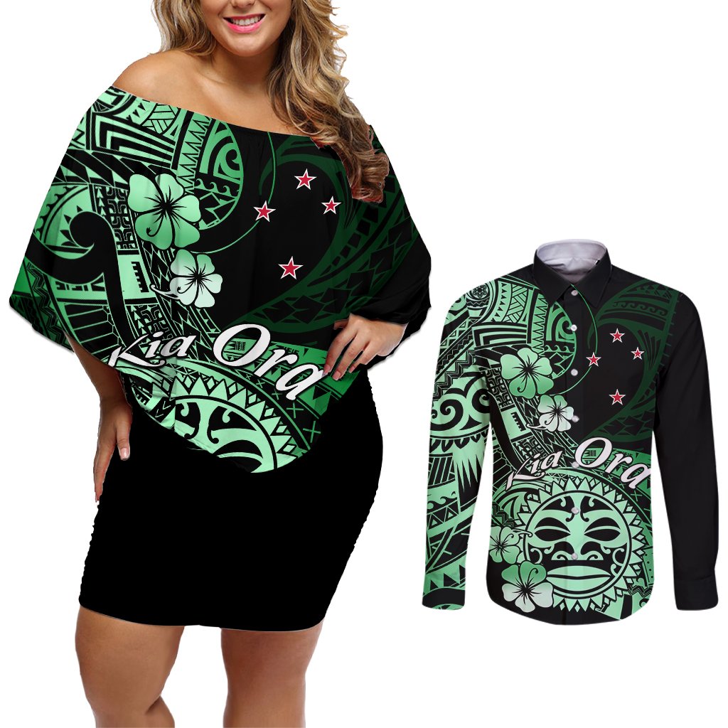 Aotearoa Kia Ora New Zealand Ta Moko Green Version Couples Matching Off Shoulder Short Dress and Long Sleeve Button Shirt LT01 Green - Polynesian Pride