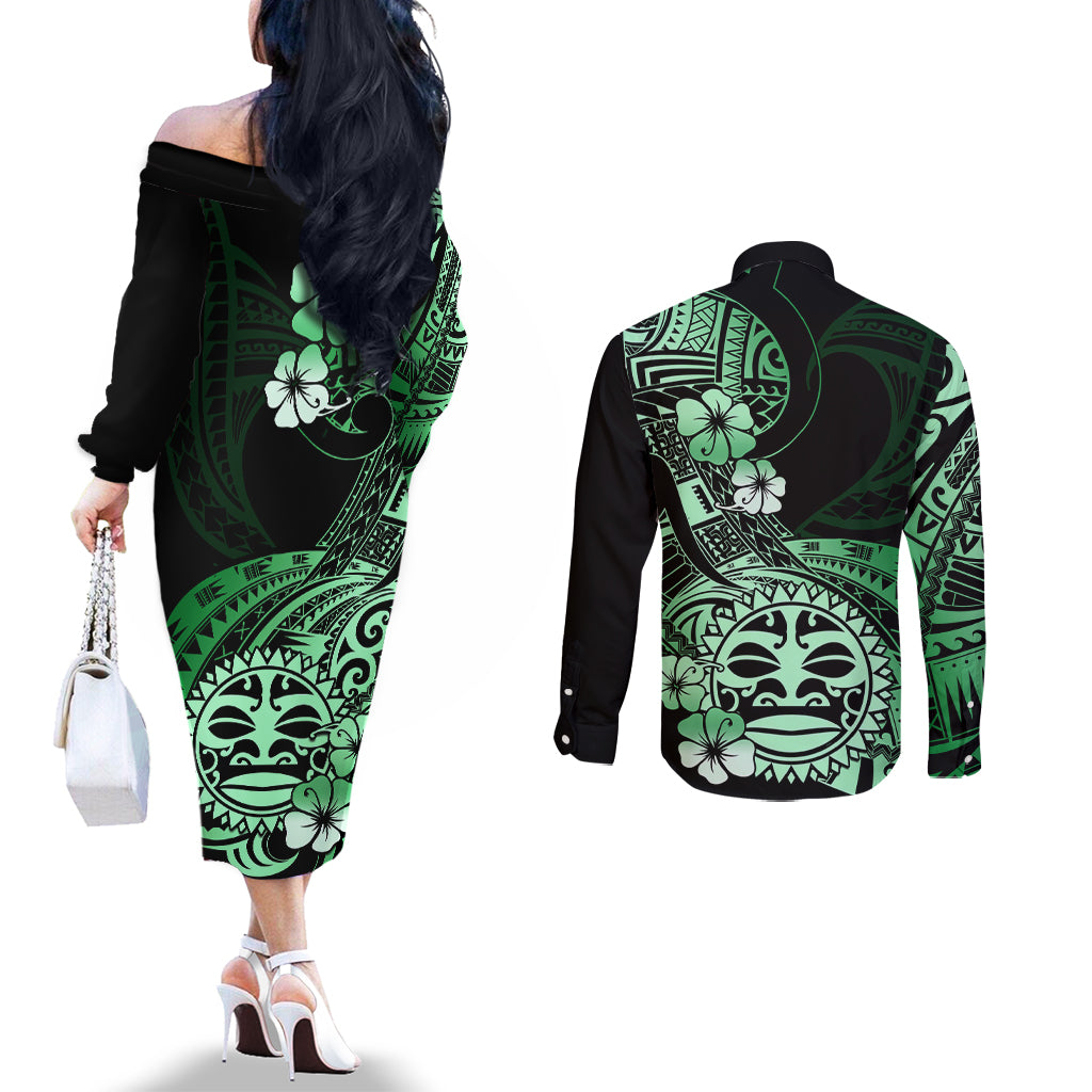 Aotearoa Kia Ora New Zealand Ta Moko Green Version Couples Matching Off The Shoulder Long Sleeve Dress and Long Sleeve Button Shirt LT01 - Polynesian Pride