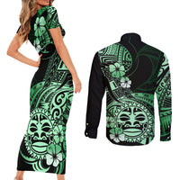 Aotearoa Kia Ora New Zealand Ta Moko Green Version Couples Matching Short Sleeve Bodycon Dress and Long Sleeve Button Shirt LT01 - Polynesian Pride