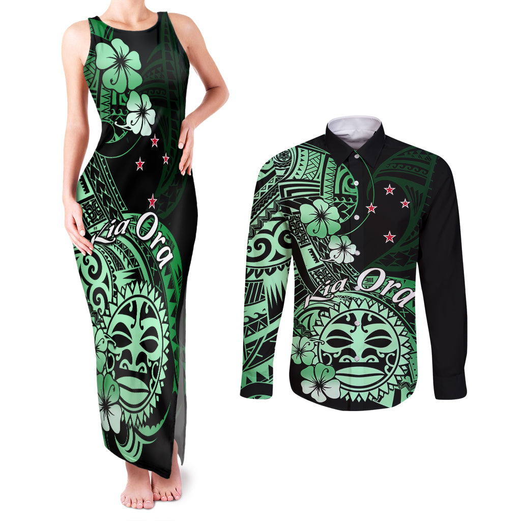 Aotearoa Kia Ora New Zealand Ta Moko Green Version Couples Matching Tank Maxi Dress and Long Sleeve Button Shirt LT01 Green - Polynesian Pride