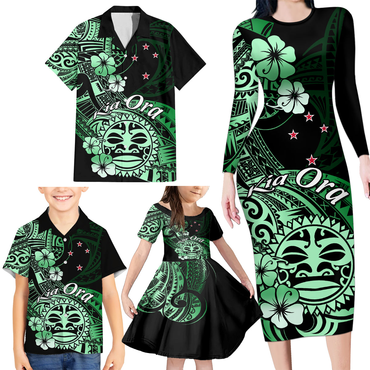 Aotearoa Kia Ora New Zealand Ta Moko Green Version Family Matching Long Sleeve Bodycon Dress and Hawaiian Shirt LT01 - Polynesian Pride