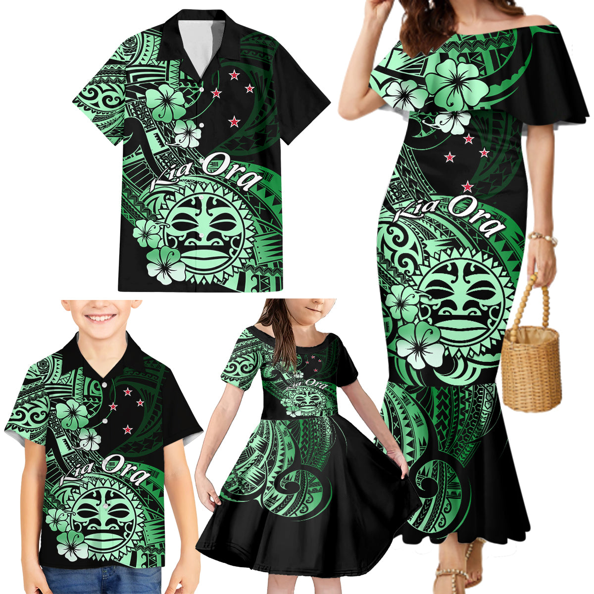 Aotearoa Kia Ora New Zealand Ta Moko Green Version Family Matching Mermaid Dress and Hawaiian Shirt LT01 - Polynesian Pride