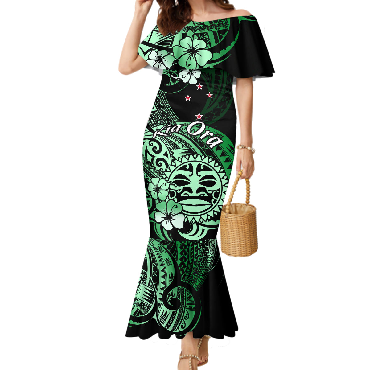 Aotearoa Kia Ora New Zealand Ta Moko Green Version Family Matching Mermaid Dress and Hawaiian Shirt LT01 Mom's Dress Green - Polynesian Pride