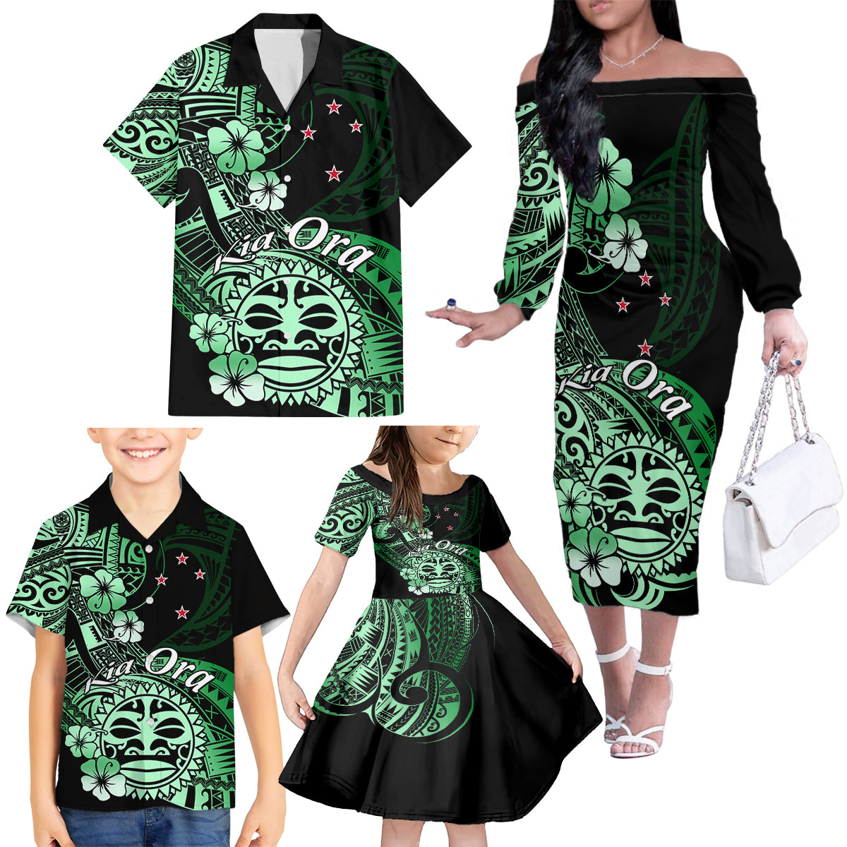 Aotearoa Kia Ora New Zealand Ta Moko Green Version Family Matching Off Shoulder Long Sleeve Dress and Hawaiian Shirt LT01 - Polynesian Pride