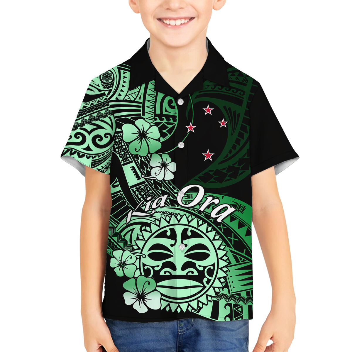 Aotearoa Kia Ora New Zealand Ta Moko Green Version Family Matching Off Shoulder Maxi Dress and Hawaiian Shirt LT01 Son's Shirt Green - Polynesian Pride