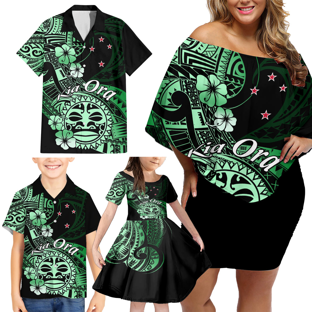 Aotearoa Kia Ora New Zealand Ta Moko Green Version Family Matching Off Shoulder Short Dress and Hawaiian Shirt LT01 - Polynesian Pride