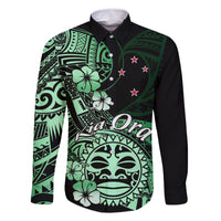Aotearoa Kia Ora New Zealand Ta Moko Green Version Family Matching Summer Maxi Dress and Hawaiian Shirt LT01 Dad's Shirt - Long Sleeve Green - Polynesian Pride