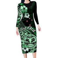 Aotearoa Kia Ora New Zealand Ta Moko Green Version Long Sleeve Bodycon Dress LT01 Long Dress Green - Polynesian Pride