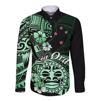 Aotearoa Kia Ora New Zealand Ta Moko Green Version Long Sleeve Button Shirt LT01 Unisex Green - Polynesian Pride