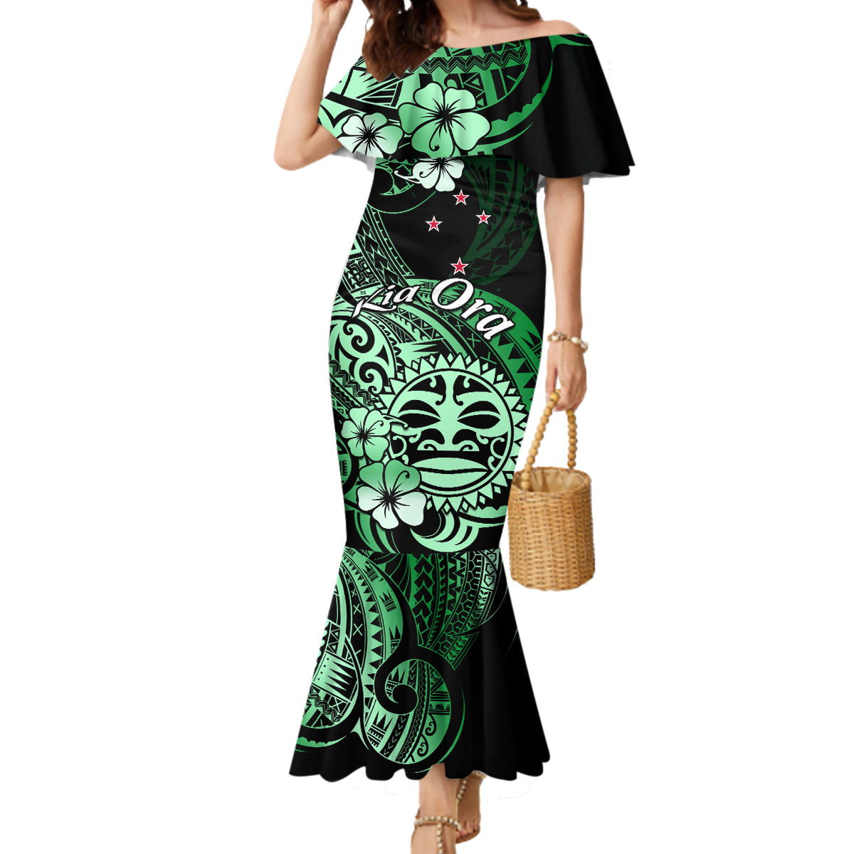 Aotearoa Kia Ora New Zealand Ta Moko Green Version Mermaid Dress LT01 Women Green - Polynesian Pride