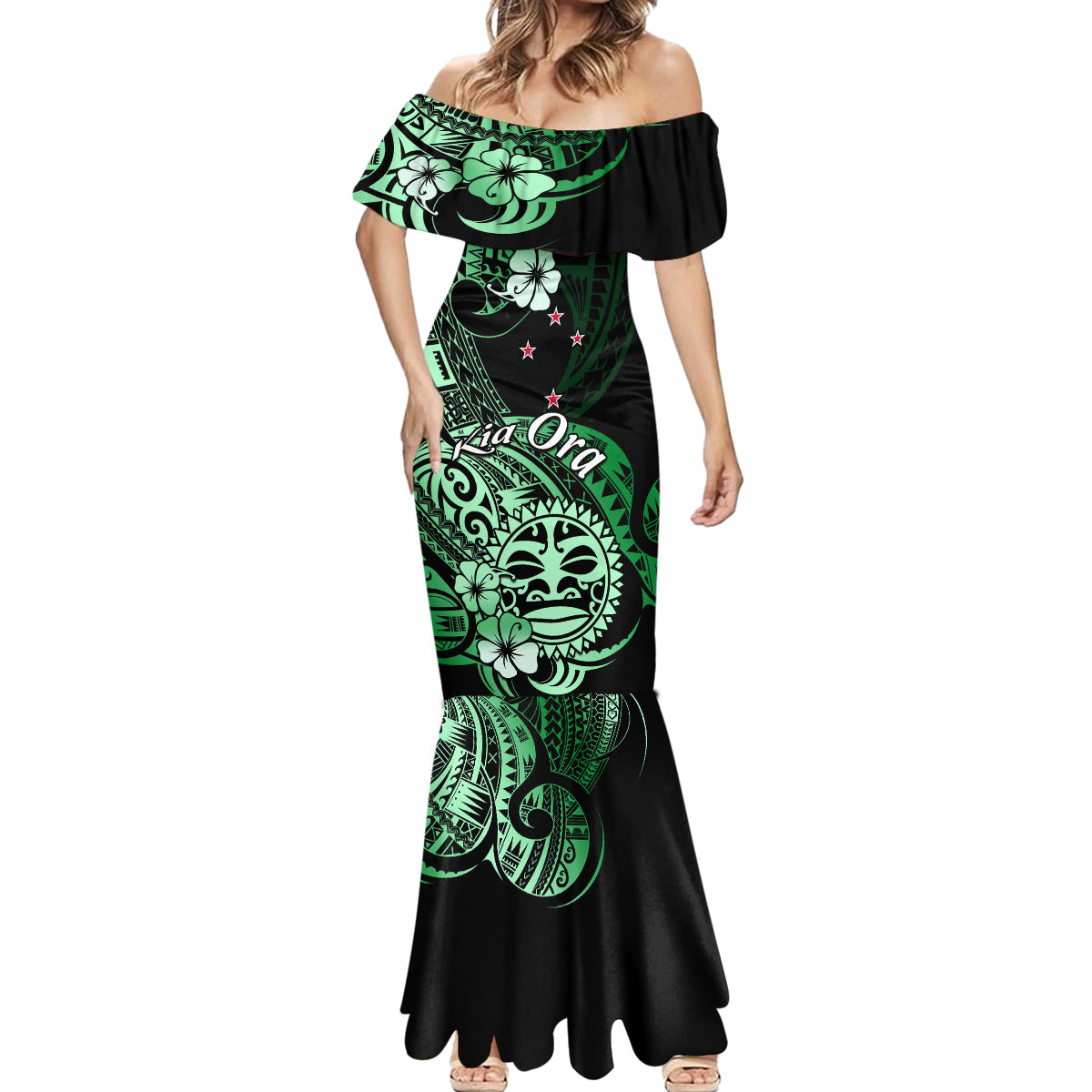 Aotearoa Kia Ora New Zealand Ta Moko Green Version Mermaid Dress LT01 - Polynesian Pride