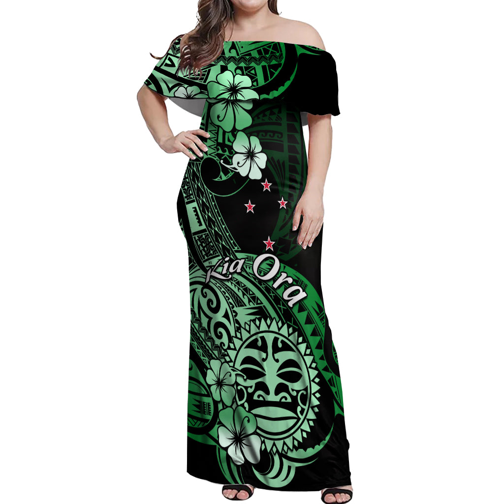 Aotearoa Kia Ora New Zealand Ta Moko Green Version Off Shoulder Maxi Dress LT01 Women Green - Polynesian Pride