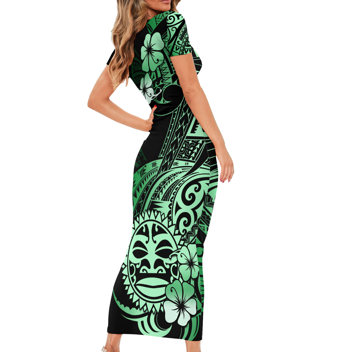 Aotearoa Kia Ora New Zealand Ta Moko Green Version Short Sleeve Bodycon Dress LT01 - Polynesian Pride