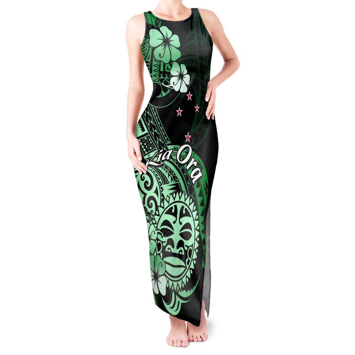 Aotearoa Kia Ora New Zealand Ta Moko Green Version Tank Maxi Dress LT01 Women Green - Polynesian Pride