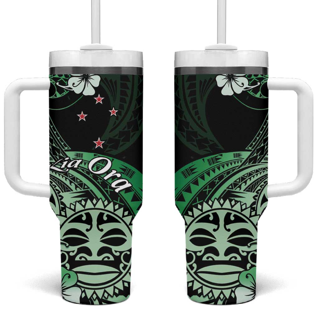 Aotearoa Kia Ora New Zealand Ta Moko Green Version Tumbler With Handle LT01 One Size: 40 oz Green - Polynesian Pride