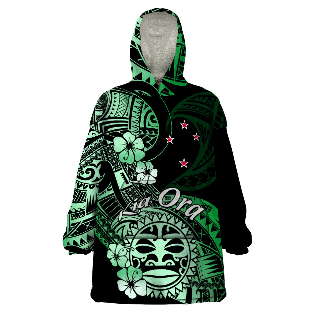 Aotearoa Kia Ora New Zealand Ta Moko Green Version Wearable Blanket Hoodie LT01 One Size Green - Polynesian Pride