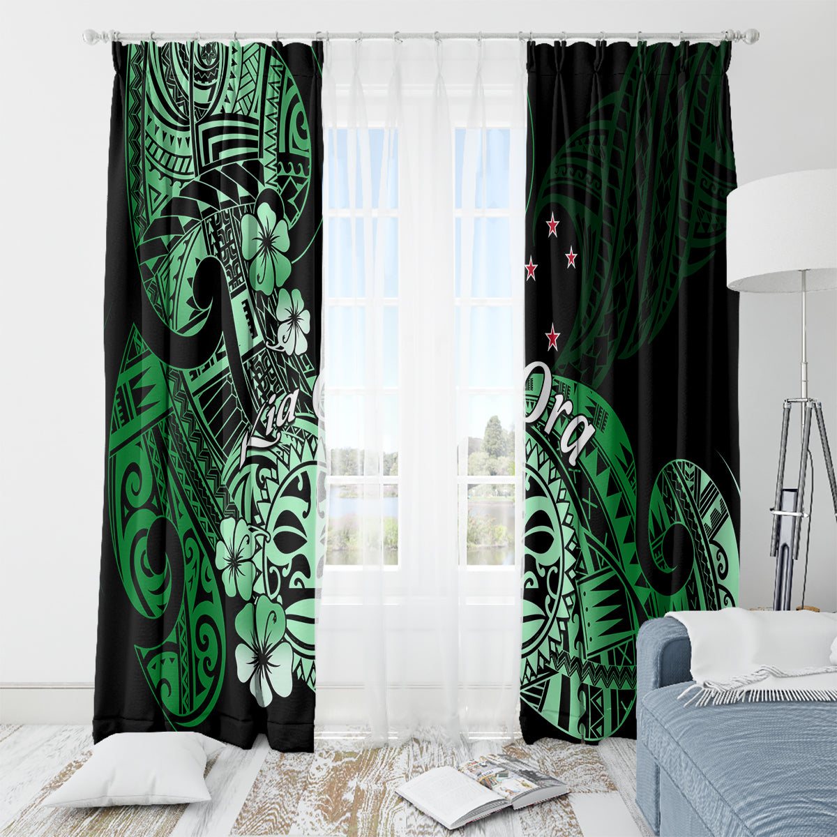 Aotearoa Kia Ora New Zealand Ta Moko Green Version Window Curtain LT01 - Polynesian Pride
