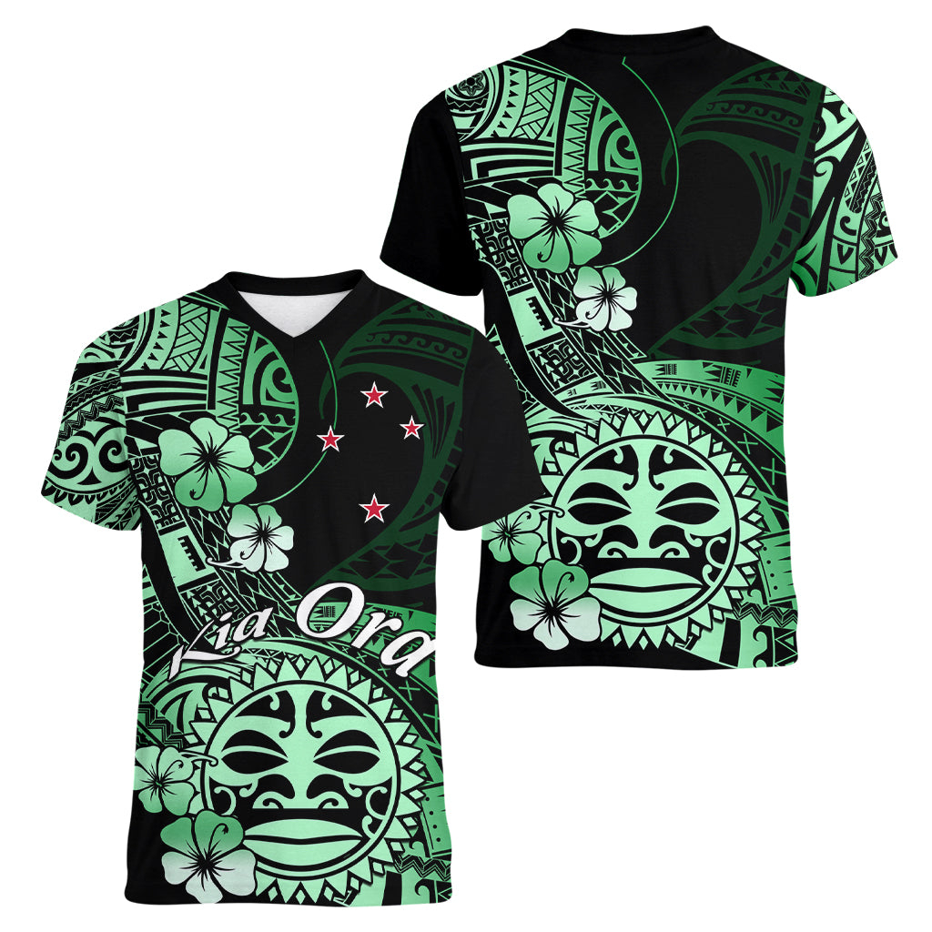 Aotearoa Kia Ora New Zealand Ta Moko Green Version Women V Neck T Shirt LT01 - Polynesian Pride