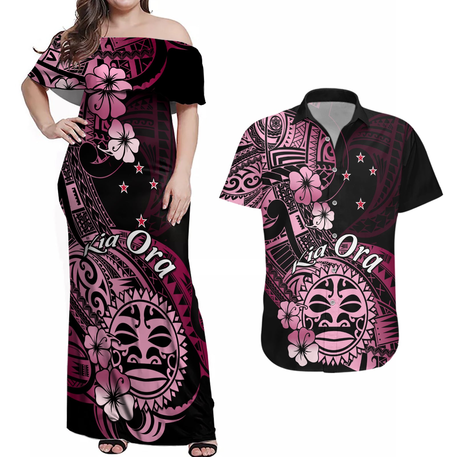 Aotearoa Kia Ora New Zealand Ta Moko Pink Version Couples Matching Off Shoulder Maxi Dress and Hawaiian Shirt LT01 Pink - Polynesian Pride