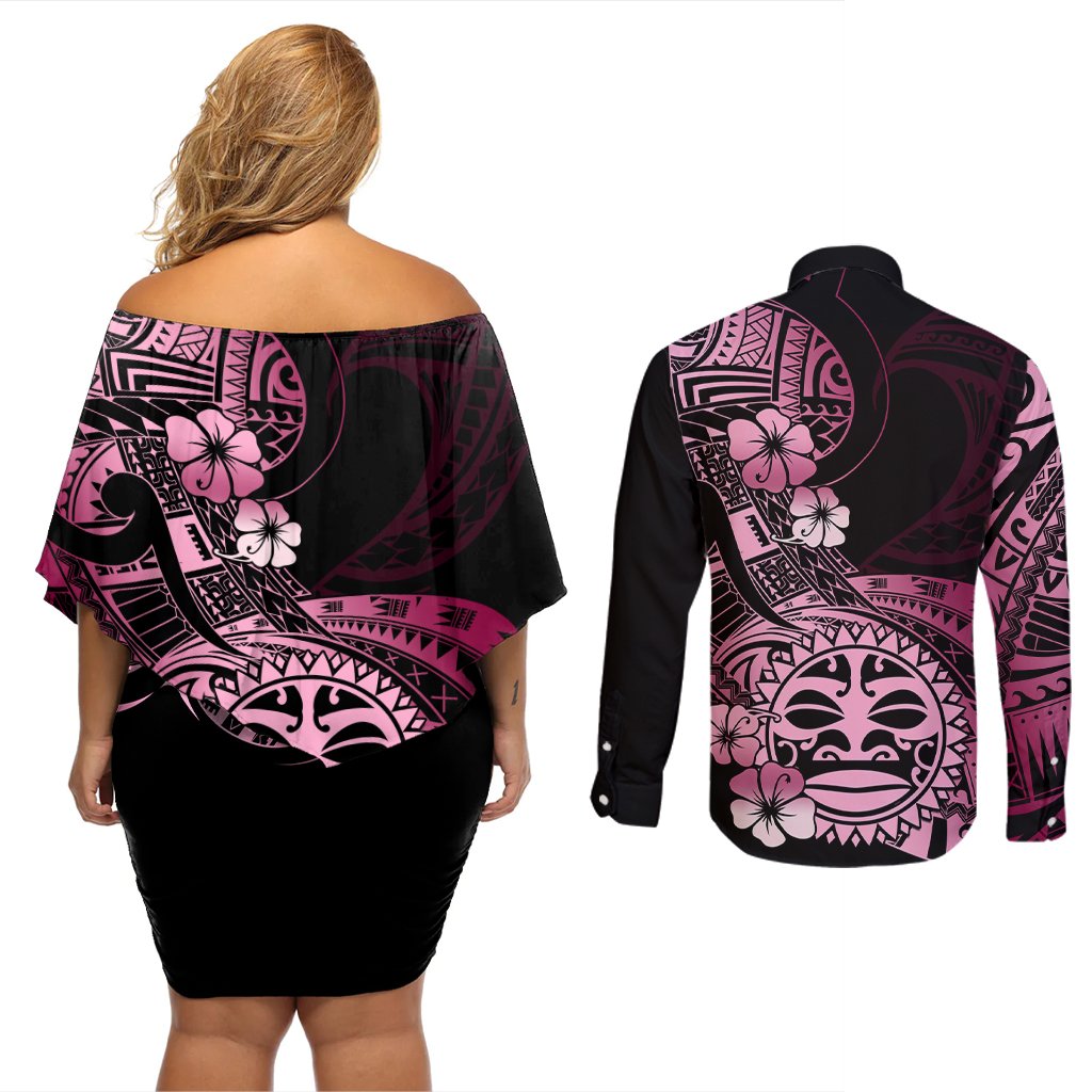 Aotearoa Kia Ora New Zealand Ta Moko Pink Version Couples Matching Off Shoulder Short Dress and Long Sleeve Button Shirt LT01 - Polynesian Pride
