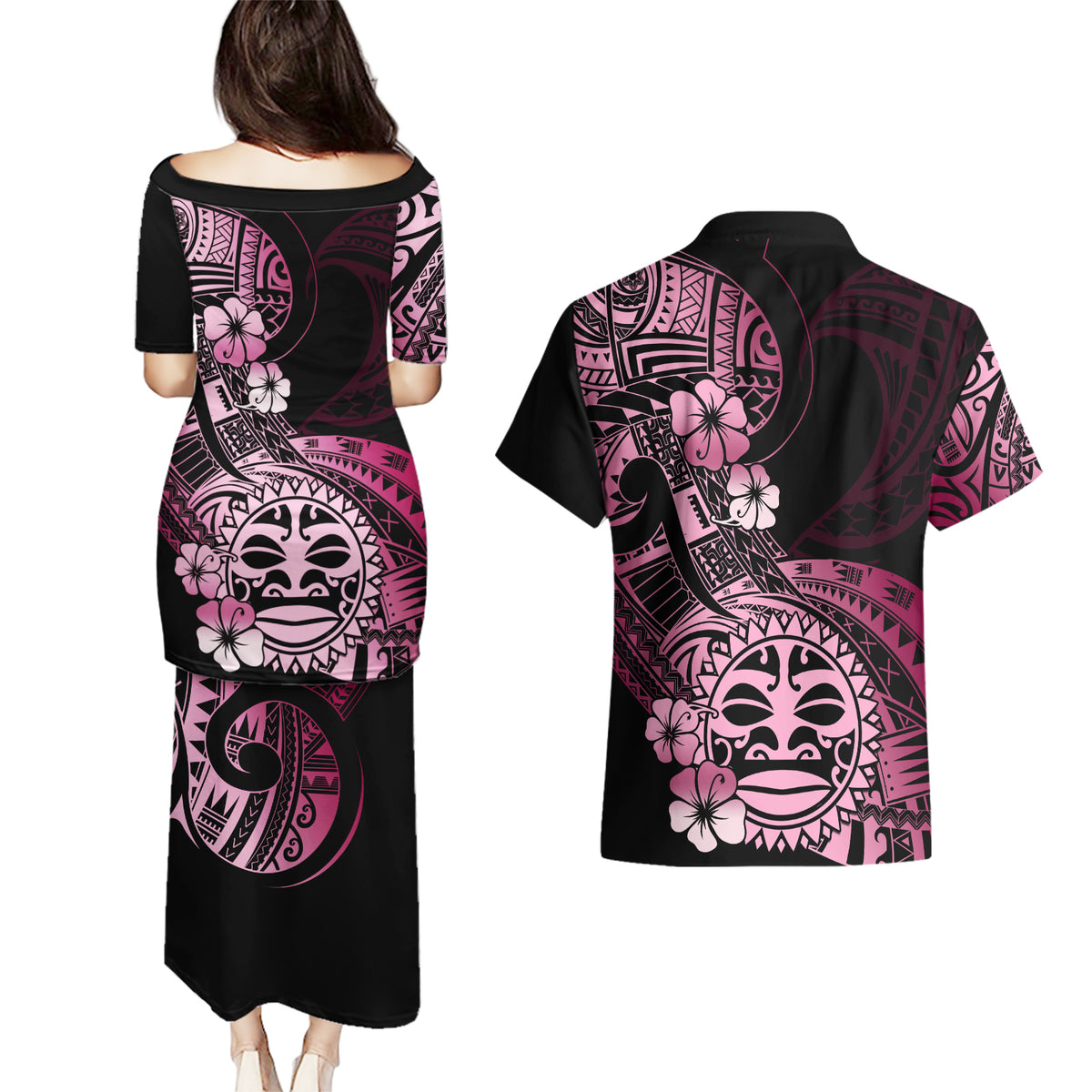 Aotearoa Kia Ora New Zealand Ta Moko Pink Version Couples Matching Puletasi Dress and Hawaiian Shirt LT01 - Polynesian Pride